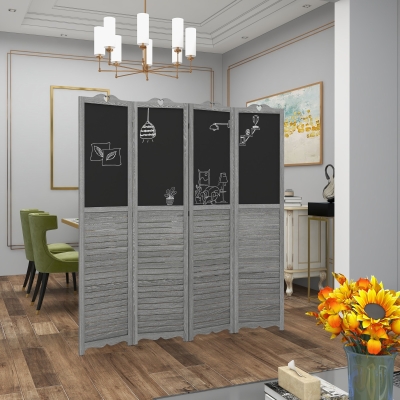 HOMCOM Biombo Separador de Ambientes Plegable de 4 Paneles de Madera con Pizarras para Dormitorio 162x172 cm Gris