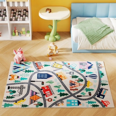 HOMCOM Tapis Motif Autoroute Blanc Multicolore Doux Entretien Facile