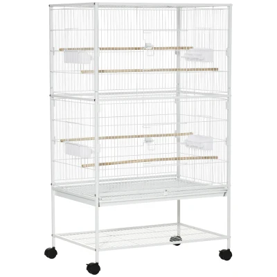PawHut Jaula para Pájaros con Ruedas 78x52x132 cm con Bandeja Extraíble y Estante para Canarios Periquitos Blanco
