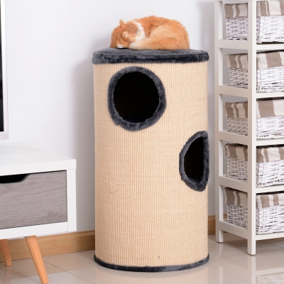 PawHut 70cm Height Cat Post Tree Scratching Barrel Sisal Activity Center Condo Kitten Bed Scratcher Climbing Climber Play House