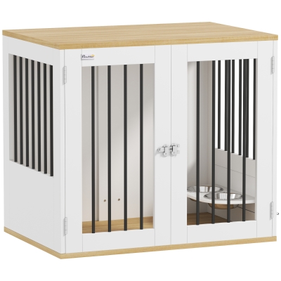PawHut Cage pour chiens, table d’appoint, gamelles amovibles rotatives à 360° 2 portes pour chien moyenne 80x55x71,5cm blanc