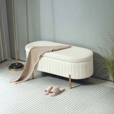 HOMCOM Banco de almacenamiento, pie de cama en terciopelo con tapa, patas de metal, capacidad 72 L, 108x44x43,5cm, crema