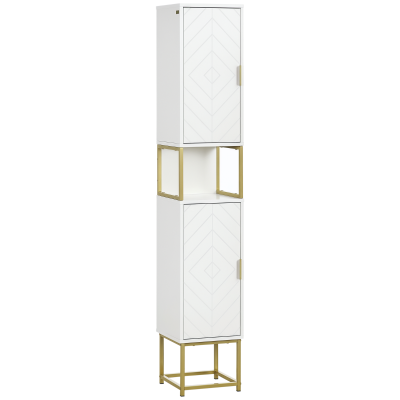 kleankin Colonna Bagno con 2 Armadietti MDF e Acciaio Bianco/Oro