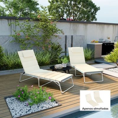 Outsunny Conjunto de 2 Almofadas para Espreguiçadeira Dobráveis 203x66x3 cm com Apoio para a Cabeça e Correias de Sujeição Creme