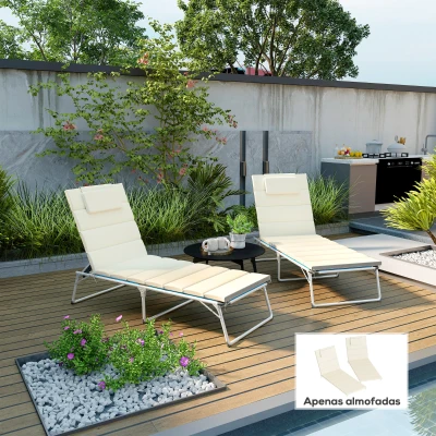 Outsunny Conjunto de 2 Almofadas para Espreguiçadeira Dobráveis 203x66x3 cm com Apoio para a Cabeça e Correias de Sujeição Creme
