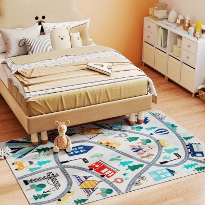 HOMCOM Tapis Motif Autoroute Blanc Multicolore Doux Entretien Facile