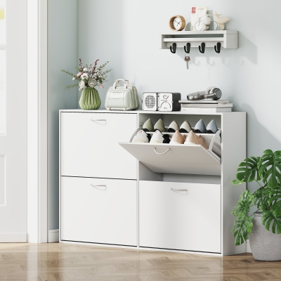 HOMCOM Wooden 4 Drawer Shoe Cabinet Pull Down Shelf White