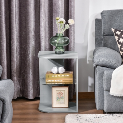 HOMCOM Modern Side Table, 3-tier Bedside Table, Nightstand with 2 Storage Shelves, Glass Shelf for Living room, Bedroom, Corner, Grey