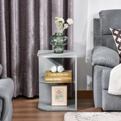 HOMCOM Modern Side Table, 3-tier Bedside Table, Nightstand with 2 Storage Shelves, Glass Shelf for Living room, Bedroom, Corner, Grey