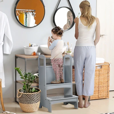 HOMCOM Toddler Tower Kitchen Helper for Children with 2 Non-Slip Steps and Support Handles, Grey