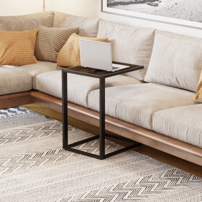 HOMCOM C-Shaped Side Table, Industrial Sofa End Table with Metal Frame and Wood Effect Top, Accent Couch Table for Bedroom, Living room, Rustic Brown