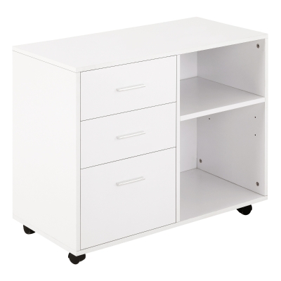 HOMCOM Mobile Lateral Filing Cabinet, Printer Stand with Wheels, 3 Drawers and 2 Open Shelves, for Home Office, White