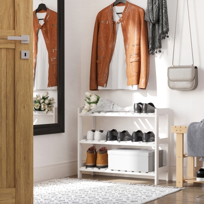 HOMCOM 3-Tier Shoe Rack, Narrow Shoe Shelf with Wood Frame and Slatted Shelves for Hallway, Entryway, 70L x 26W x 57.5H cm, White