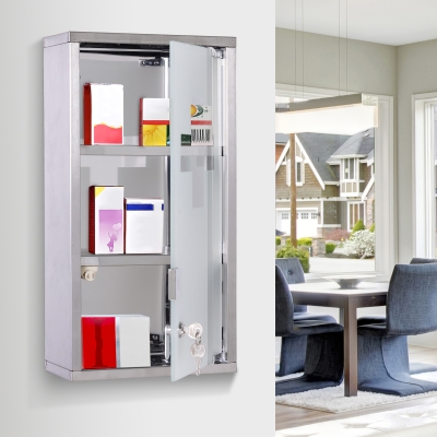 HOMCOM Wall Mounted Medicine Cabinet, Stainless Steel Bathroom Storage Cabinet with 2 Shelves, Glass Door Lockable
