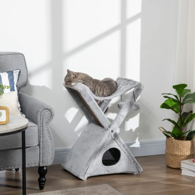 PawHut Two Tier Cat Tree for Indoor Cats Play Rest Plush Folding Relax Center w/ Scratching Post Hammock Pom Poms Grey
