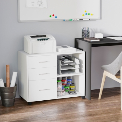HOMCOM Mobile Lateral Filing Cabinet, Printer Stand with Wheels, 3 Drawers and 2 Open Shelves, for Home Office, White