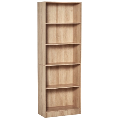 HOMCOM Librería Estantería de 5 Niveles para Libros con 3 Baldas Ajustables Antivuelco Almacenaje para Salón Oficina Estudio 63x29,5x176 cm Madera Natural