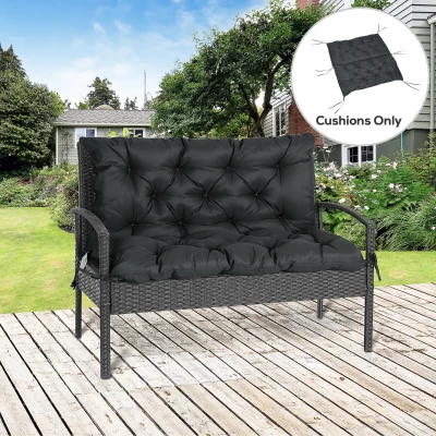 Outsunny 2 Seater Bench Cushion - Garden Chair Cushion with Back and Ties for Indoor and Outdoor Use, 98 x 100 cm, Black