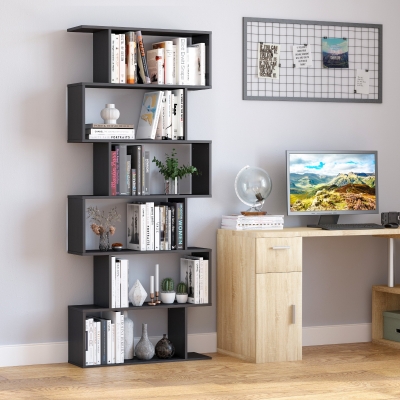 HOMCOM S Shape Wooden 6-tier Bookshelf Open Concept Bookcase Storage Display Unit for Home Office Living Room, Black
