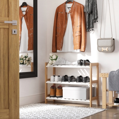 HOMCOM 3-Tier Shoe Rack, Narrow Shoe Shelf with Wood Frame and Slatted Shelves for Hallway, Entryway, 70L x 26W x 57.5H cm, Natural