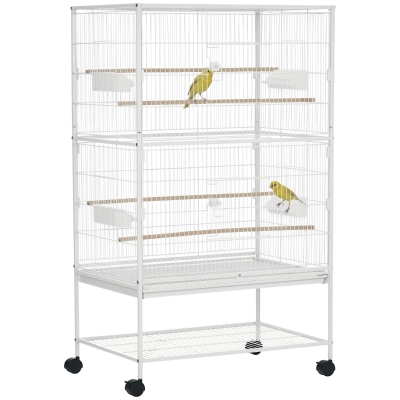 PawHut Jaula para Pájaros con Ruedas 78x52x132 cm con Bandeja Extraíble y Estante para Canarios Periquitos Blanco