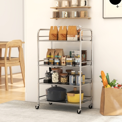 HOMCOM Carrito Auxiliar con Ruedas de Acero Inoxidable Carro de Servicio de 4 Niveles con Estante Ajustable 60x35x100 cm Plata