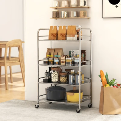 HOMCOM Carrito Auxiliar con Ruedas de Acero Inoxidable Carro de Servicio de 4 Niveles con Estante Ajustable 60x35x100 cm Plata
