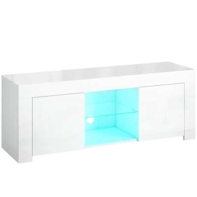 HOMCOM Mueble de TV con iluminación LED, 2 puertas de armario, estante de cristal, agujeros para cables, para sala de estar, aglomerado, Blanco