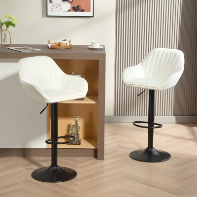 HOMCOM Set von 2 Drehbaren Barhockern Höhenverstellbar 87-107 cm Samt Rückenlehne und Fußstütze Cremeweiß