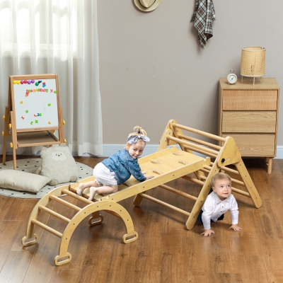 AIYAPLAY 5 en 1 Triángulo de Escalada de Madera Plegable con Rampa Escalador de Arco para Niños 178x64,5x63 cm Madera Natural