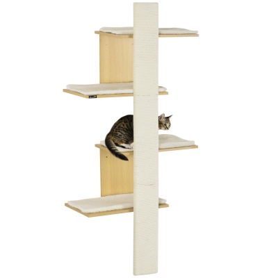 PawHut Four-Layer Wall-Mounted Shelf, with Cushions, Scratching Board - Oak Tone