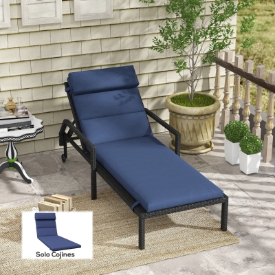 Outsunny Cojín para Tumbona de Algodón 196x63x6 cm con Tela Hidrófuga Cojín de Asiento y Respaldo Azul Oscuro