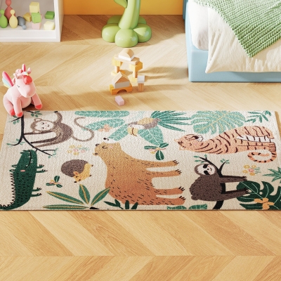 HOMCOM Tapis Polaire Jungle Crème Multicolore Facile Entretien