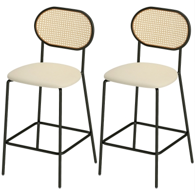 HOMCOM Set mit 2 Hoch Küchenhocker mit Rattanrücken, Sitz aus PU, Stahlrahmen und Fußhocker Beige