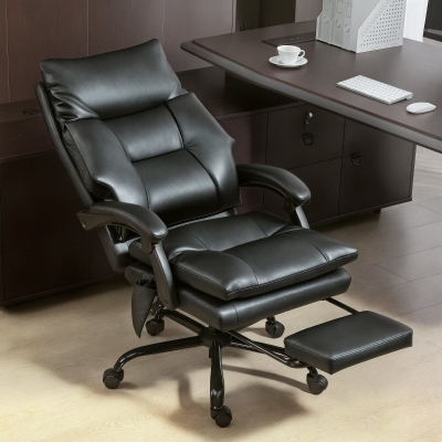 HOMCOM Silla de Escritorio con Soporte Lumbar Inflable Tapizada en PU Reposapiés Respaldo Reclinable Altura Ajustable Negro