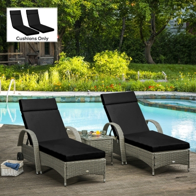 Outsunny Set of 2 Rattan Sun Lounger Cushions 196x55cm Black