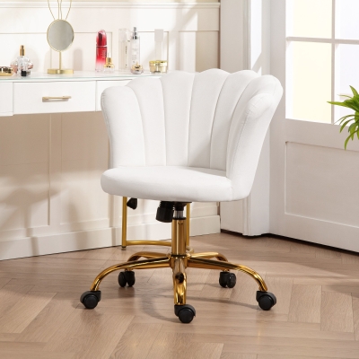 HOMCOM Chaise Bureau Velours Blanc Réglable avec Dossier Pétale