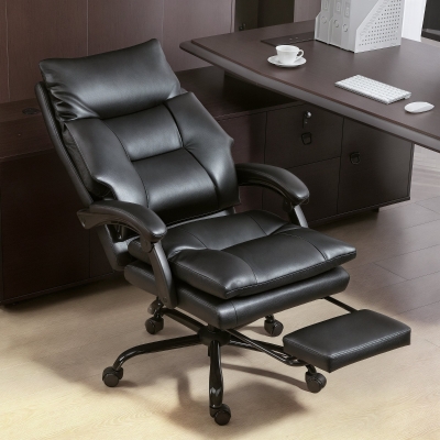 HOMCOM Bürostuhl mit höhenverstellbarer und bis zu 135° neigbarer Schreibtischstuhl, aus schwarzem PU-Leder, 65x76x113-121 cm