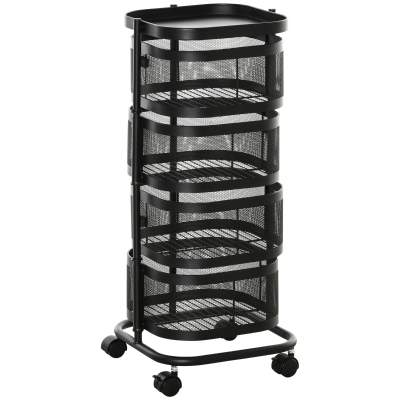 HOMCOM Carrito Auxiliar con Ruedas de 5 Niveles con 4 Cestas de Almacenamiento Giratorias 270° y Bandeja 33x33x77 cm Negro
