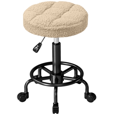 HOMCOM Drehbarer Runder Hocker mit Rollen, Höhenverstellbar 50-66 cm, Sitzbezug aus Frotteestoff Braun