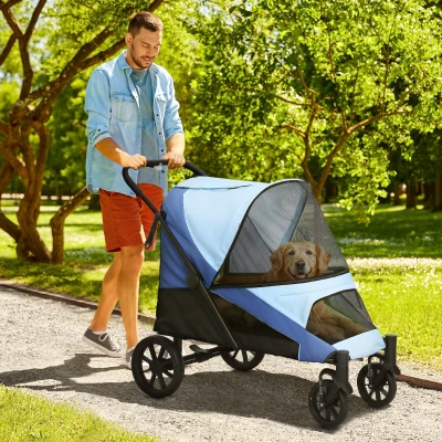 PawHut Carrinho para Cães Dobrável com Rodas Grandes Correias de Segurança Estrutura Amortecedora Almofada Lavável 124x67x100 cm Azul