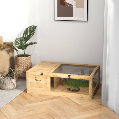 PawHut Casa para Tortugas de Madera con Techo de Malla y Paneles Laterales Transparentes Extraíbles 91x60,5x32cm Amarillo Claro
