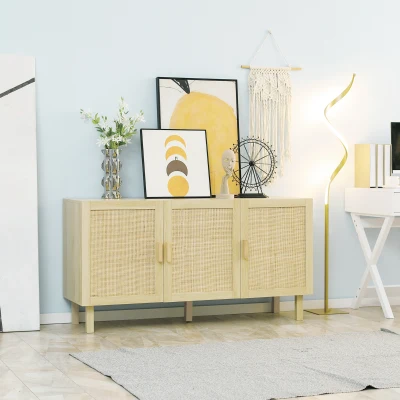 HOMCOM Aparador 3 Portas  Estilo Cannage para Sala de Estar com Prateleiras Ajustáveis para Sala de Jantar Entrada 136x41x70 cm Madeira