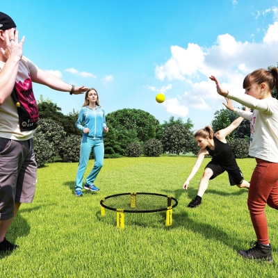 SPORTNOW Ensemble jeu de mini-volleyball en plein air avec filet, 3 balles et pompe, portable avec sac de transport jaune