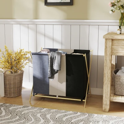 HOMCOM Cesto para Ropa Sucia Plegable con 3 Compartimentos Capacidad 129L con Marco de Bambú y Bolsas Extraíbles Multicolor