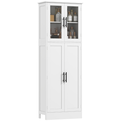 HOMCOM Hochschrank fürs Badezimmer mit verstellbaren Regalen, Glastüren und Holz, 60x30x170 cm, Weiß