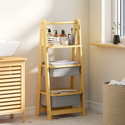 HOMCOM Estantería para Baño Plegable de Bambú con 2 Cestos para Ropa Sucia Estante Abierto Gris
