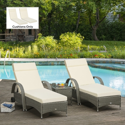 Outsunny Set of 2 Rattan Sun Lounger Cushions 196x55cm Cream White
