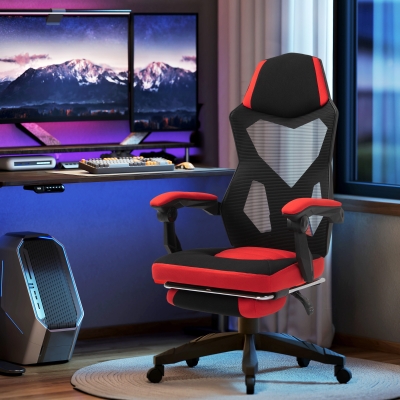 Scaun de Birou Ergonomic și Reclinabil cu Suport pentru Picioare Negru și Roșu