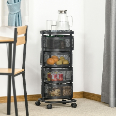 HOMCOM Carrito Auxiliar con Ruedas de 5 Niveles con 4 Cestas de Almacenamiento Giratorias 270° y Bandeja 33x33x77 cm Negro
